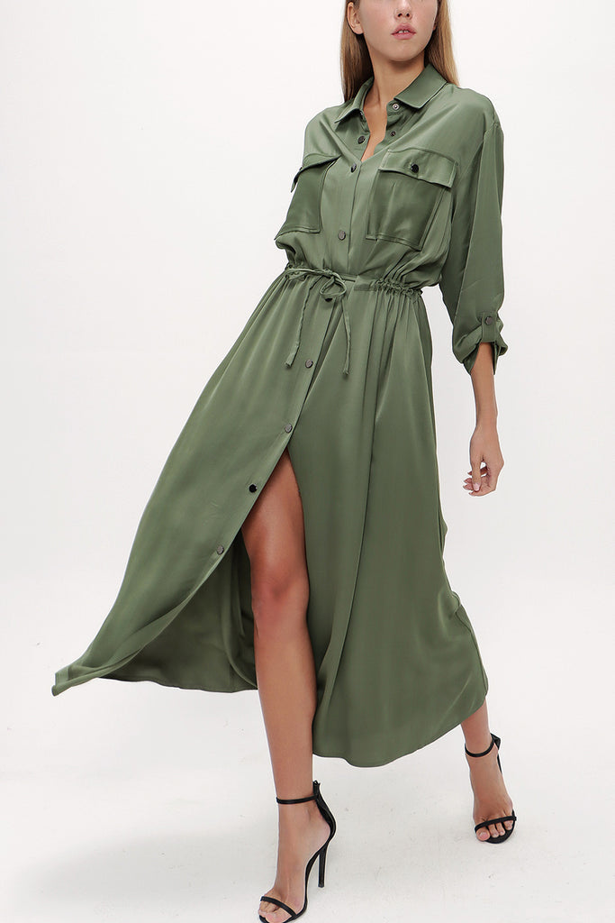 Green Lace up shirt  dress  93709