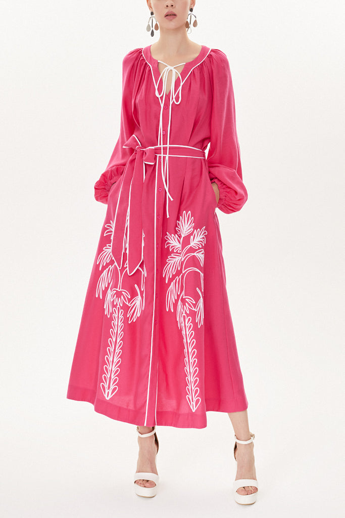 Fuchsia Embroidery detail long sleeve dress 93438