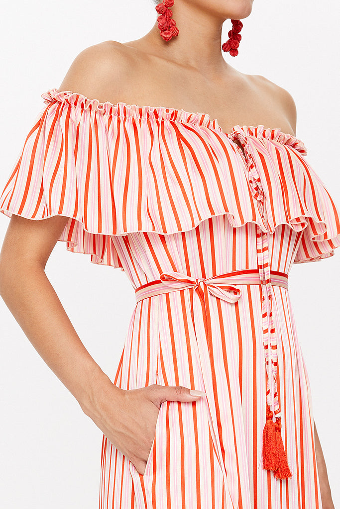 Striped Off shoulder belted dress 93231