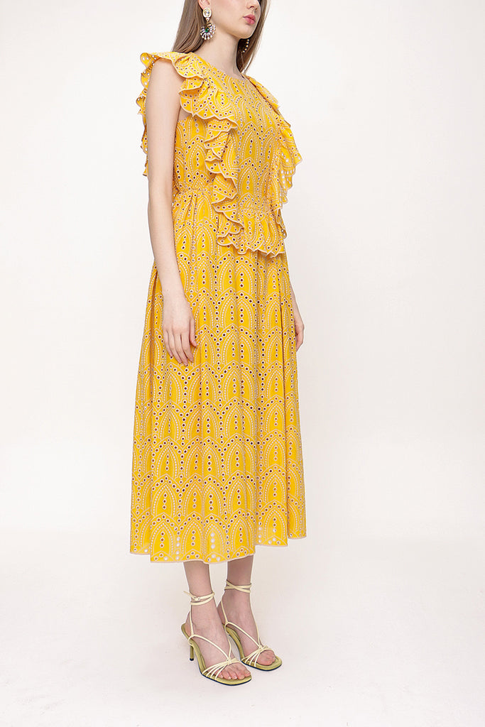 Mustard Ruffled sleeveless embroidered dress 93566