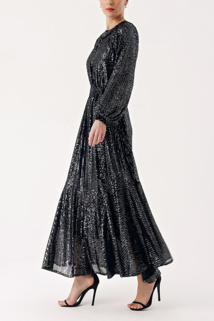 Black Ruched detail sequined balloon sleeve dress 94468