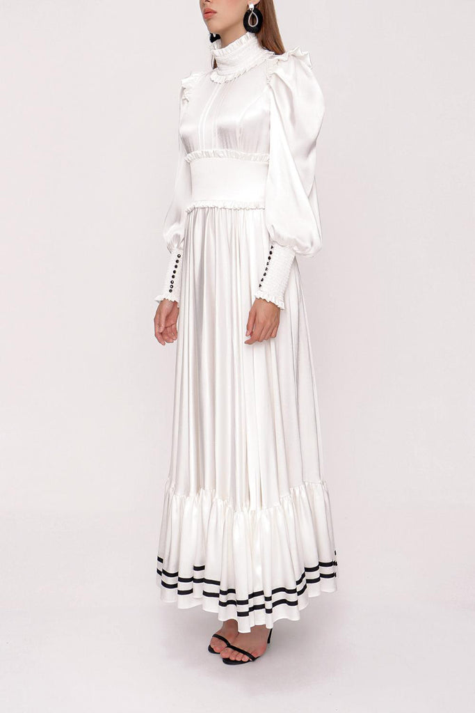 White Long dress with ruffled stripe detail 93999