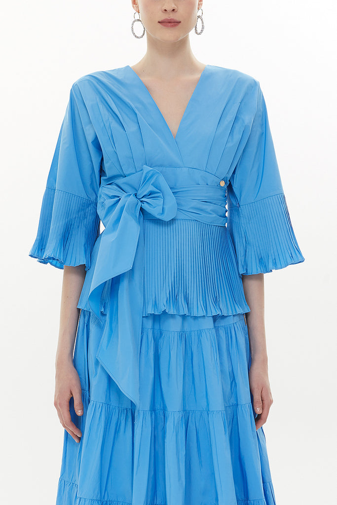 Blue Pleated V-neck blouse 19822