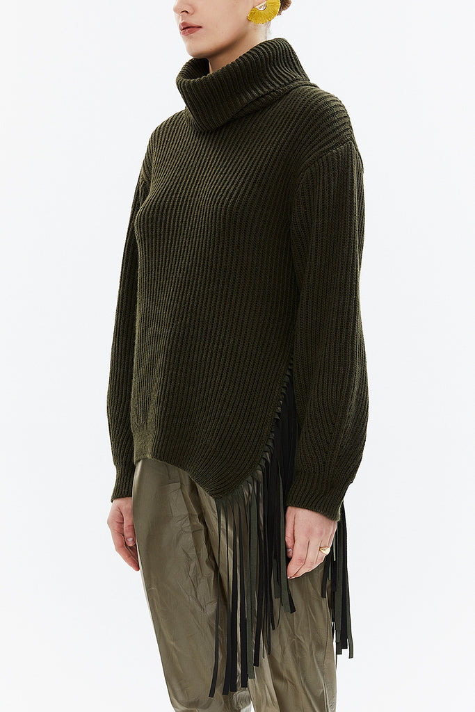 Khaki Turtleneck detail knit sweater with tassels 19816