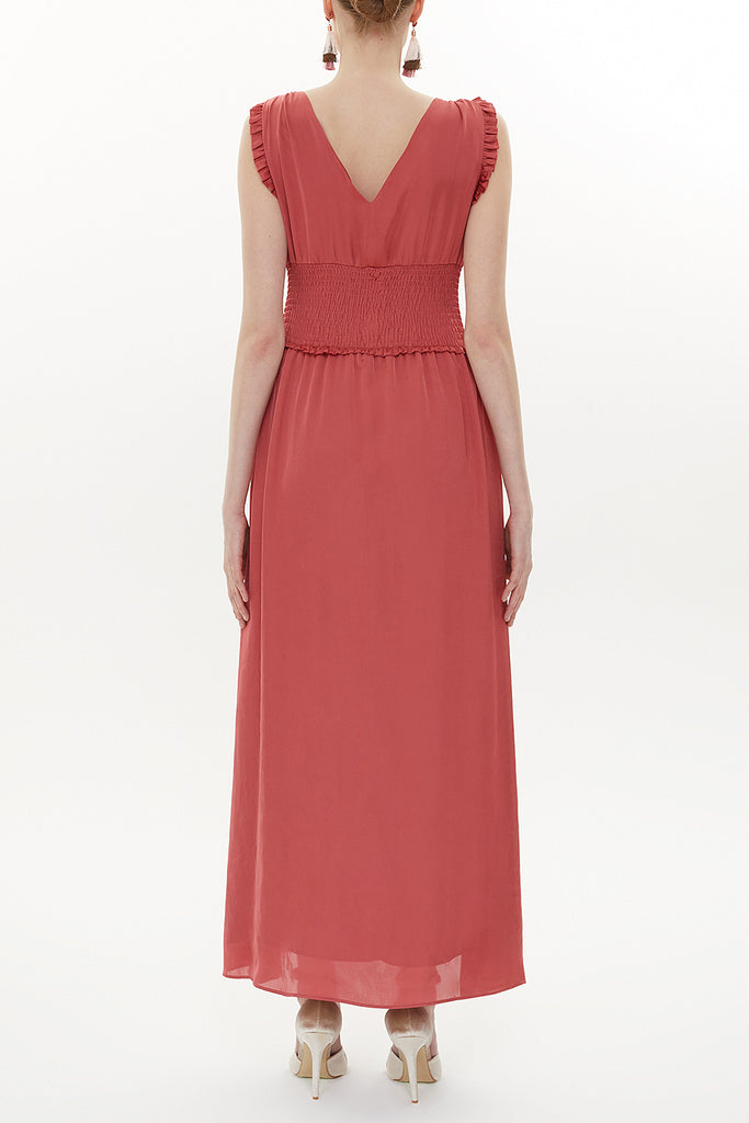 Red Elastic waist V neck sleeveless maxi dress 93348
