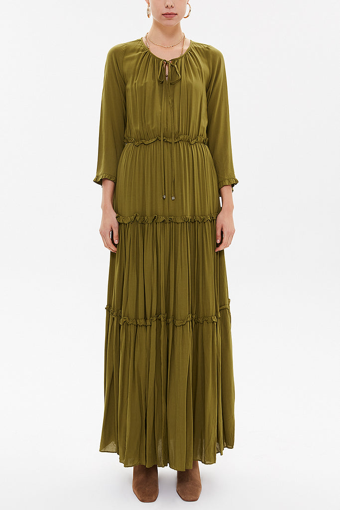 Khaki Tie-neck ruffled maxi dress 93146