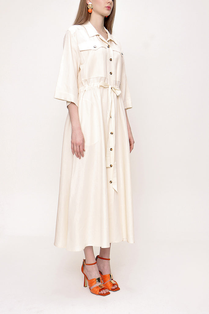 Ecru Wide cut linen shirt dress 93564