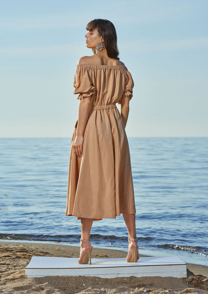 Camel Hair Off shoulder  elastic  linen dress  93569