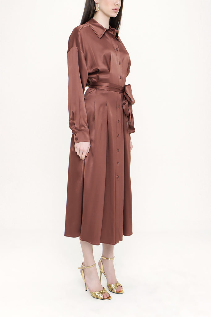 Brown Pleated Midi shirt dress 93798