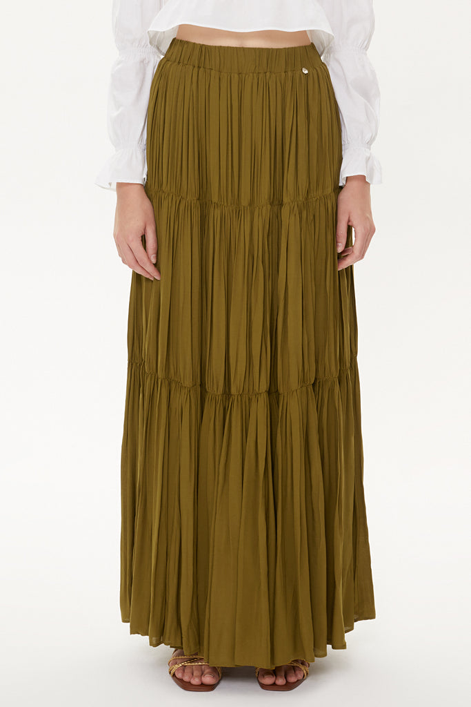 Green Elastic Pleated Maxi Skirt 81154