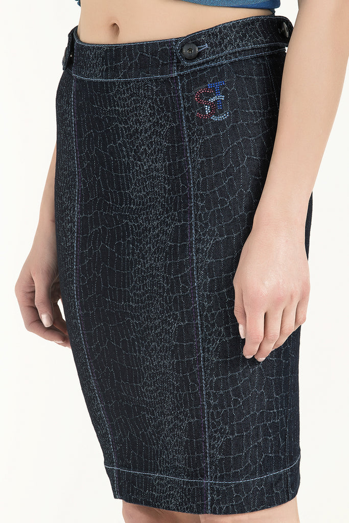 Navy Blue Button and gem  denim skirt  80521