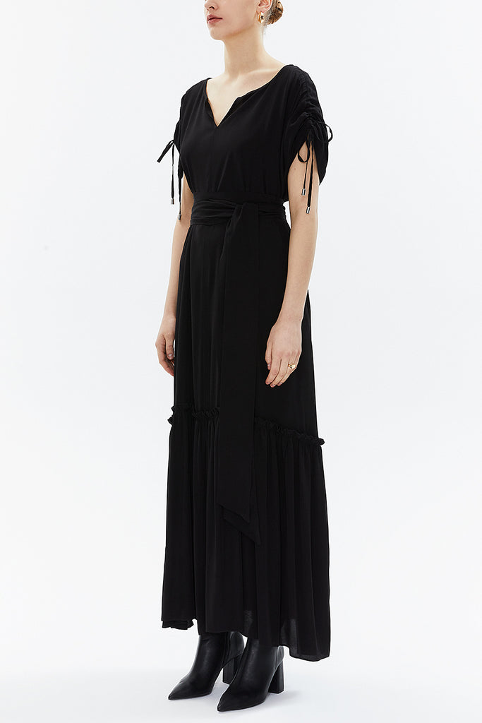 Black Pleated sleeve wide cut maxi dress 93343