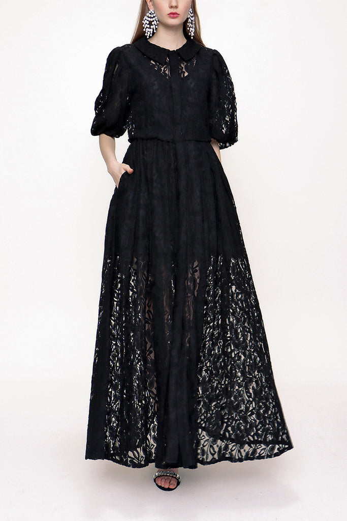 Black Laced ruffled maxi lace dress 93513