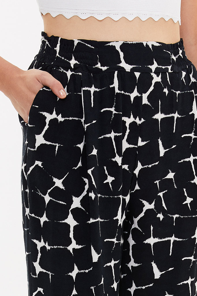 Black White Elastic wide cut pants 41341