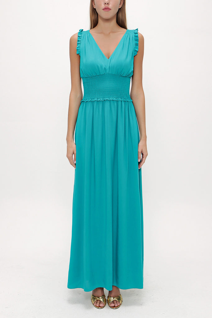 Green Elastic waist V neck sleeveless maxi dress 93348