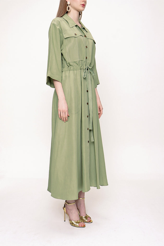 Green Wide cut linen shirt dress 93564