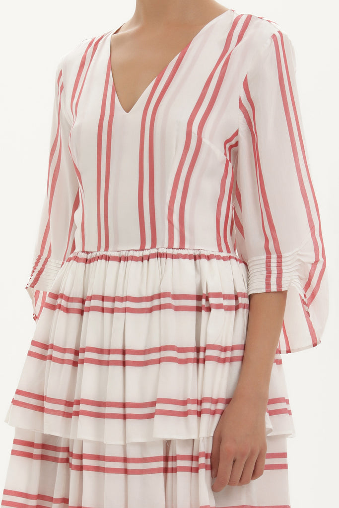 Red V-neck ruffled striped mini dress 92384