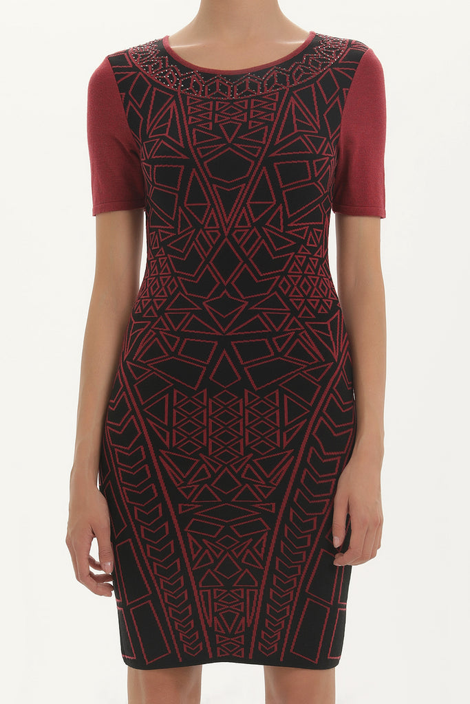 Black Fuchsia Printed and gem  knit  dress  28563