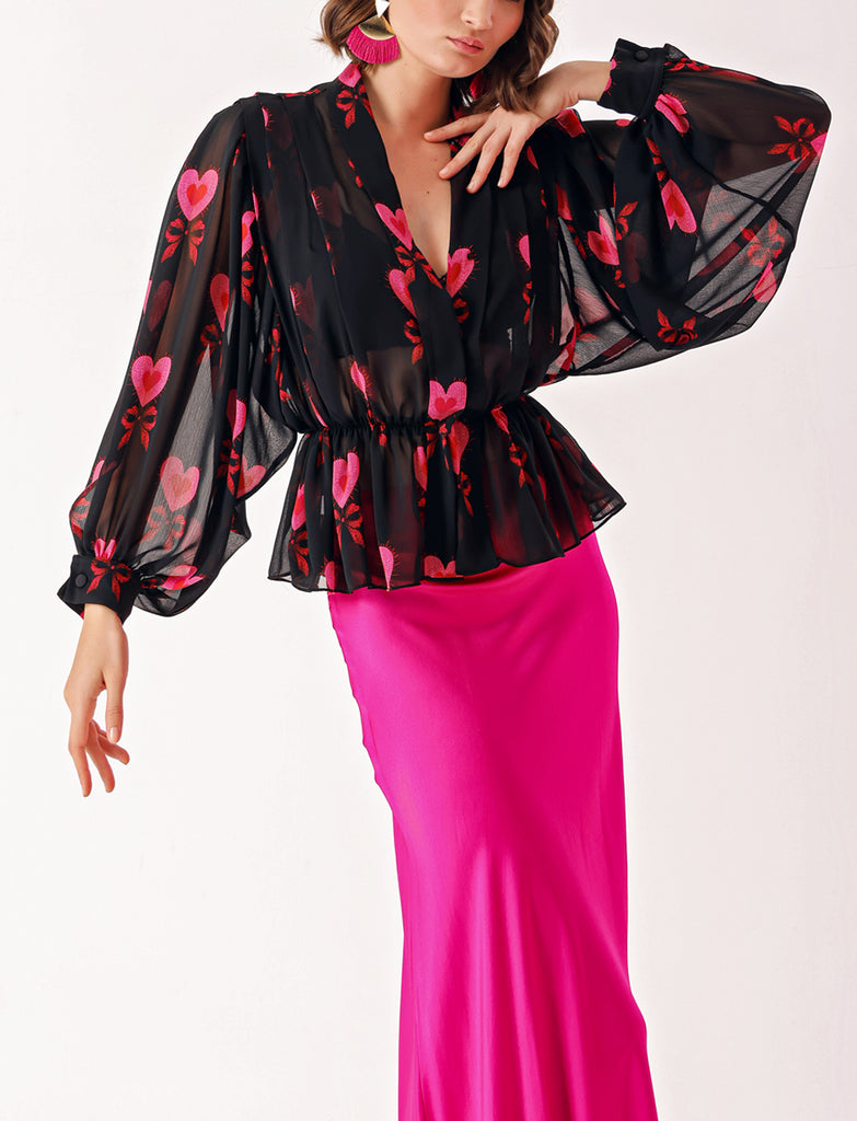 Patterned Double-breasted, draped loose chiffon shirt 10829