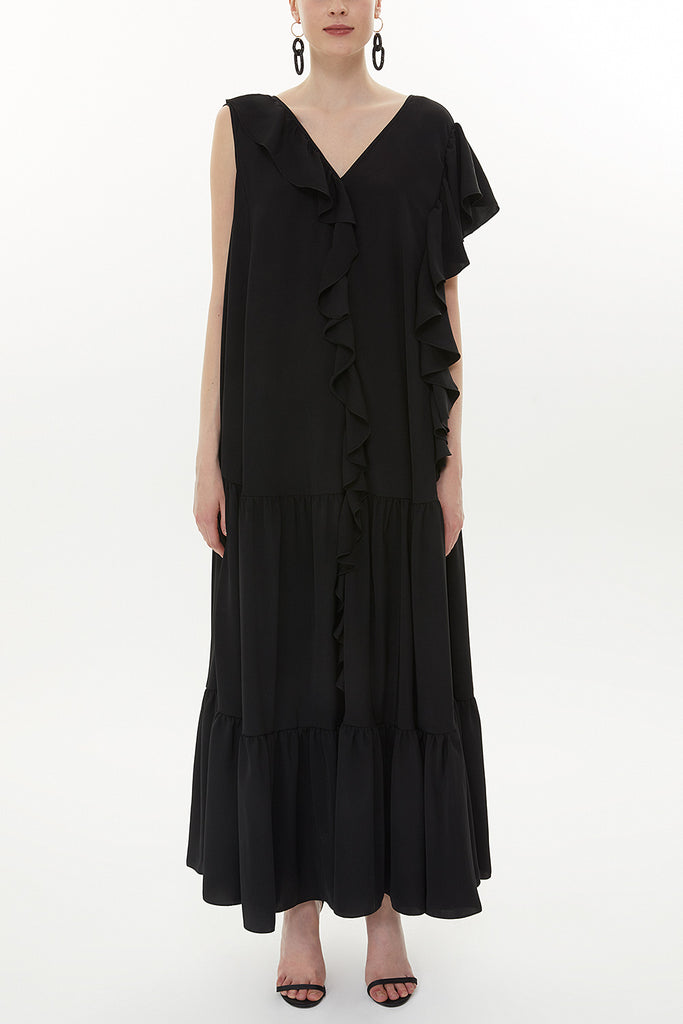 Black Ruffled wide cut sleeveless dress 93366