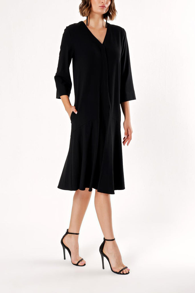 Siyah Patlı V Yaka Krep Elbise 91933