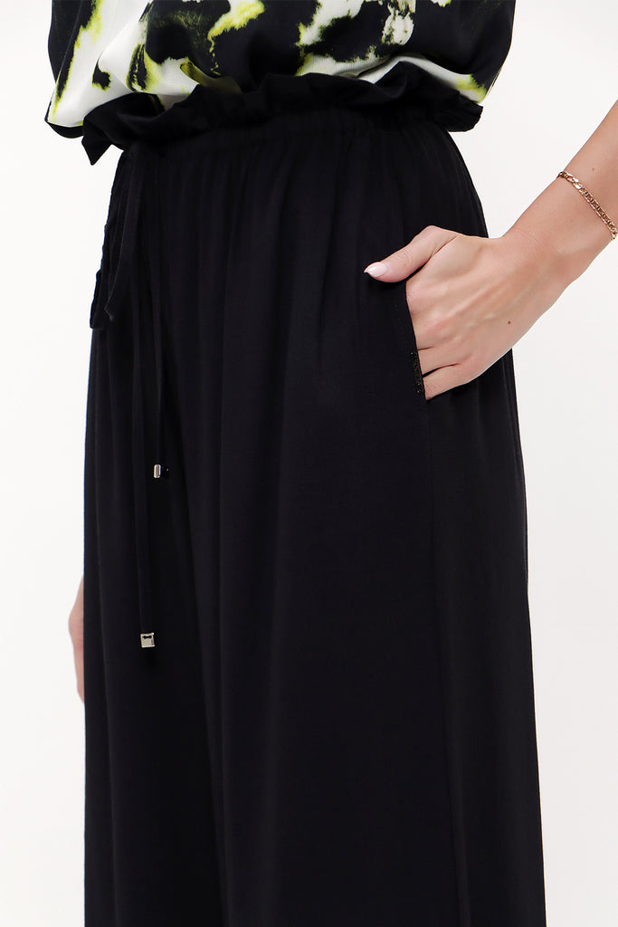 Black Elastic waist wide leg pants 41345