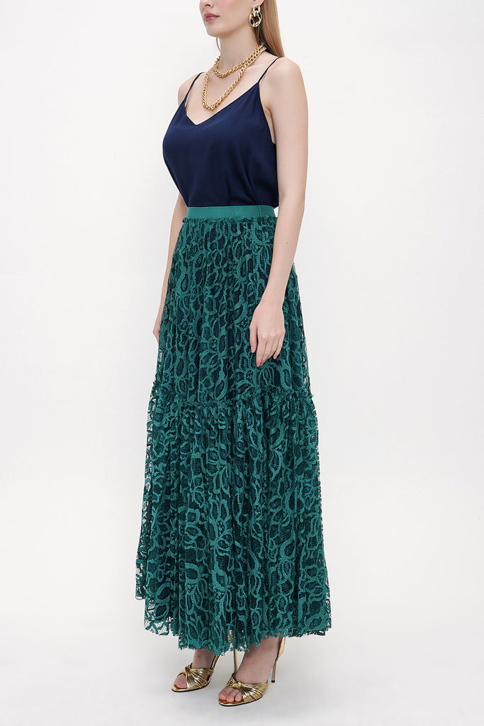 Green Elastic waist Pleated skirt 81202