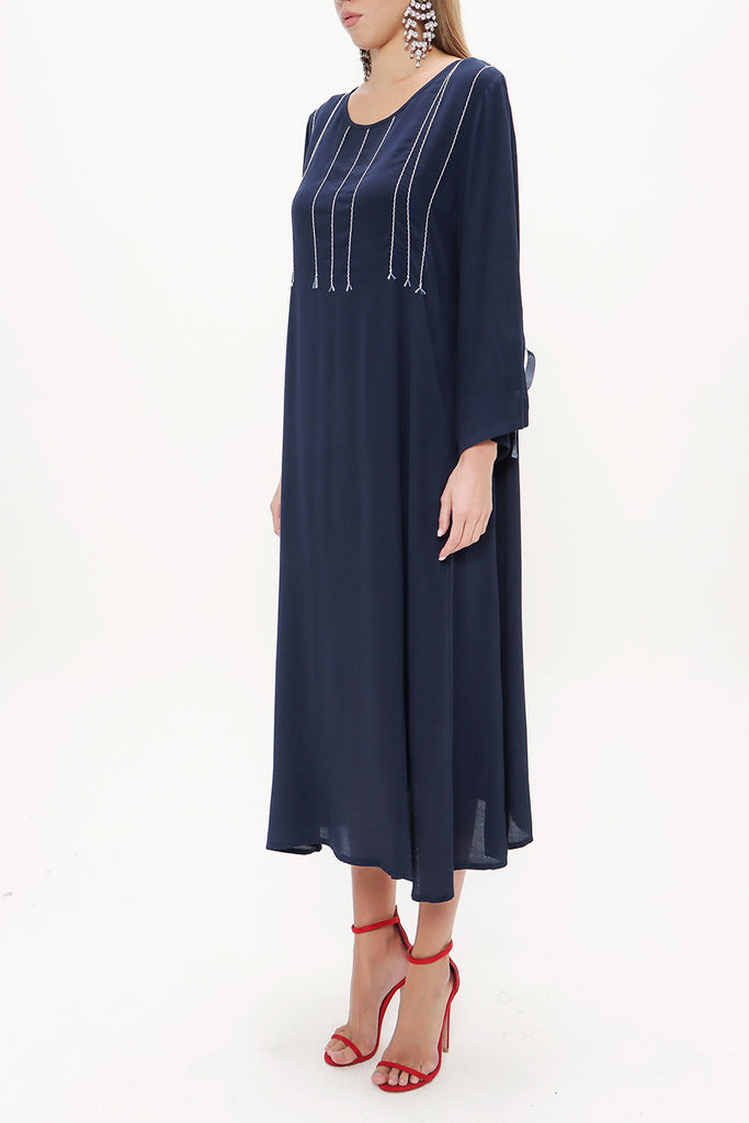 Navy Blue Fancy seam wide cut midi dress 92280