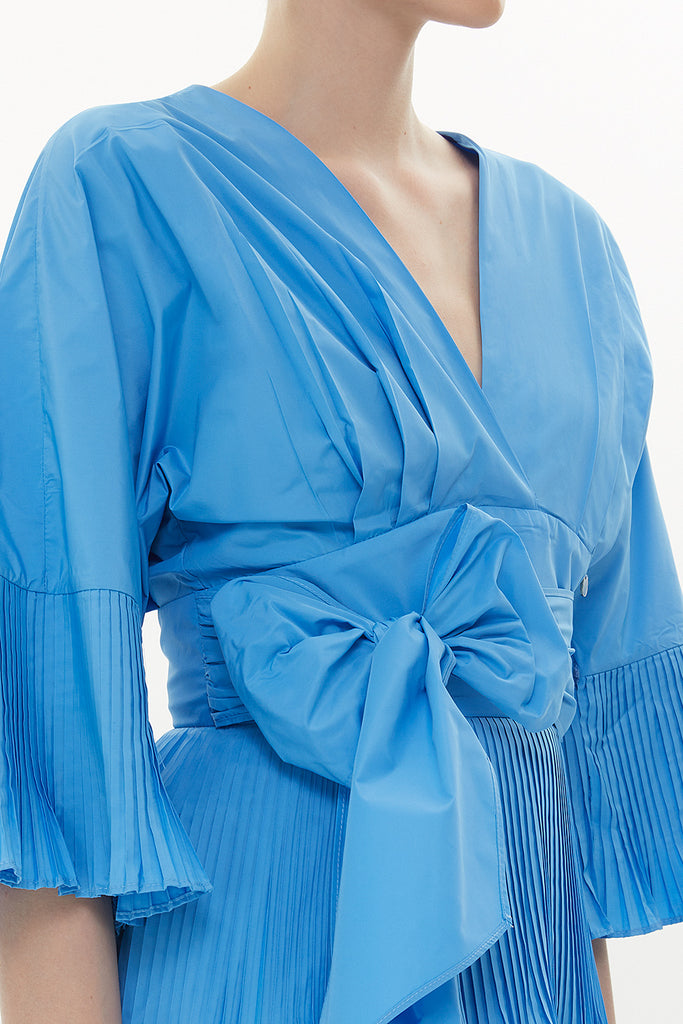 Blue Pleated V-neck blouse 19822