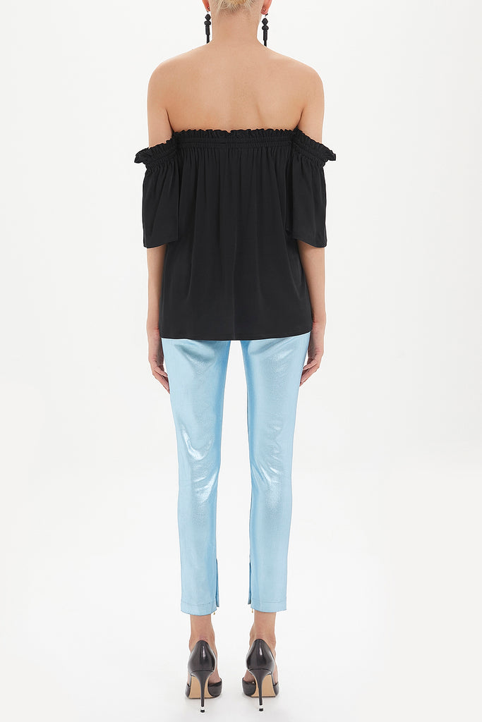 Black Elastic  off shoulder  woven  blouse  19702