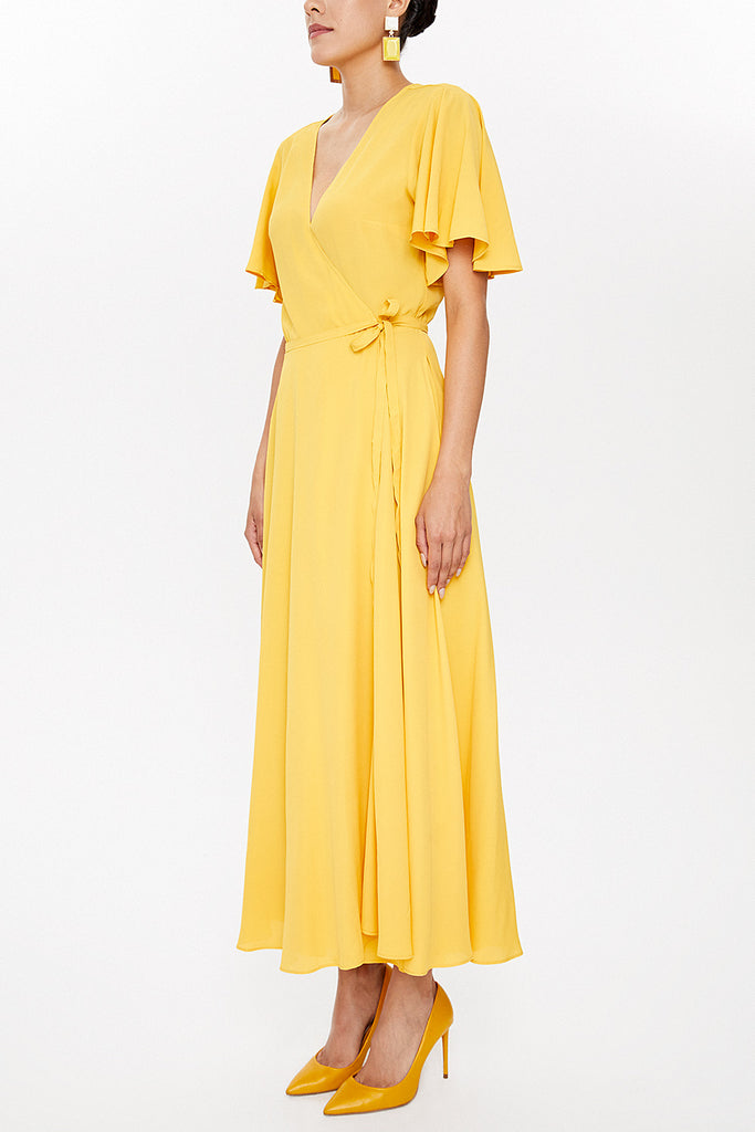 Yellow V-neck wrap-over maxi dress 93207