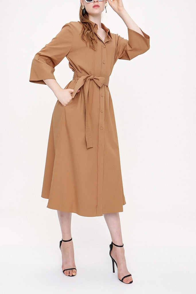 Camel Hair Belted wide cut poplin dress 93995