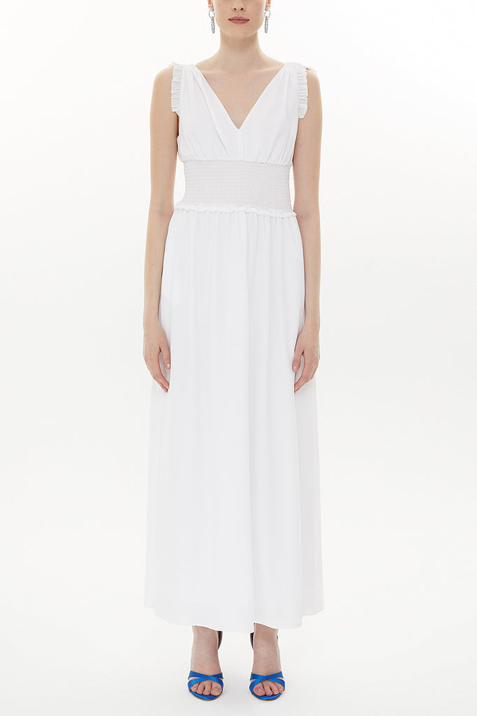 White Elastic waist V neck sleeveless maxi dress 93348