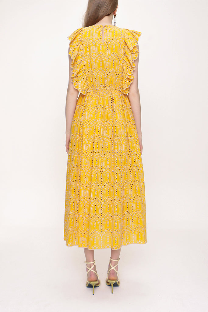 Mustard Ruffled sleeveless embroidered dress 93566