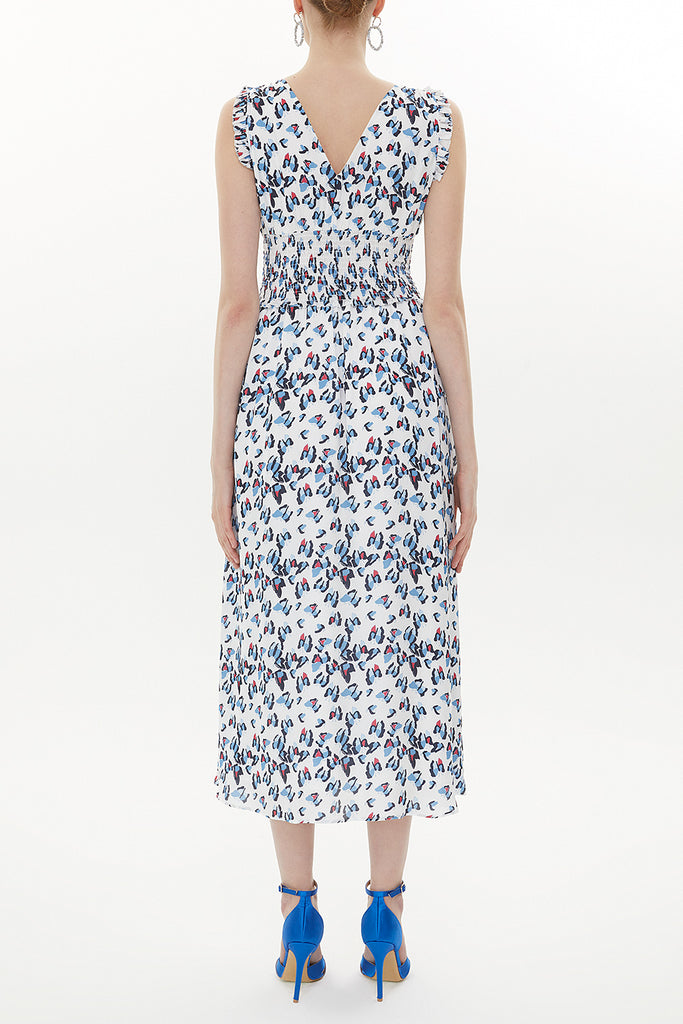 Blue Patterned Elastic waist sleeveless midi dress 93359