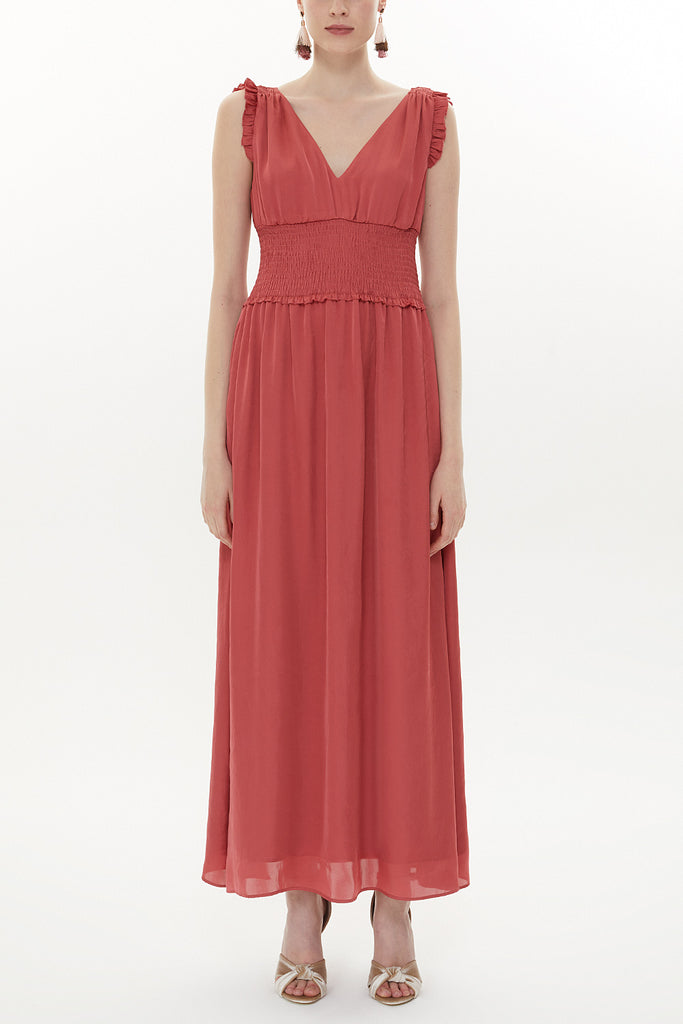 Red Elastic waist V neck sleeveless maxi dress 93348
