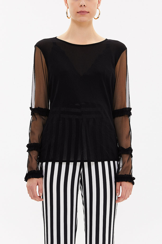 Black Pleated sleeve tulle blouse  19657