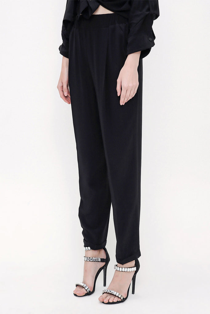 Black Elastic waist wide cut pants 41608