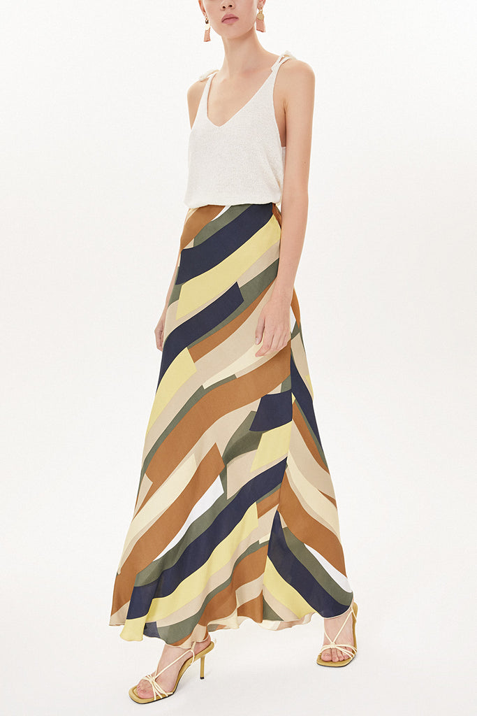 Mustard Striped Elastic waist maxi skirt 81164