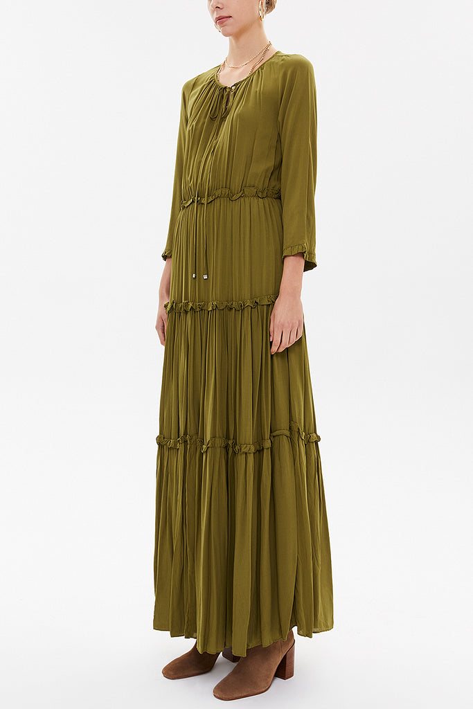 Khaki Tie-neck ruffled maxi dress 93146