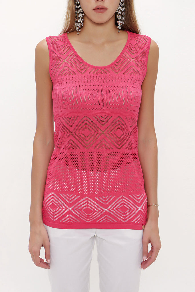 Coral Hole woven  sleeveless tricot  blouse  28649