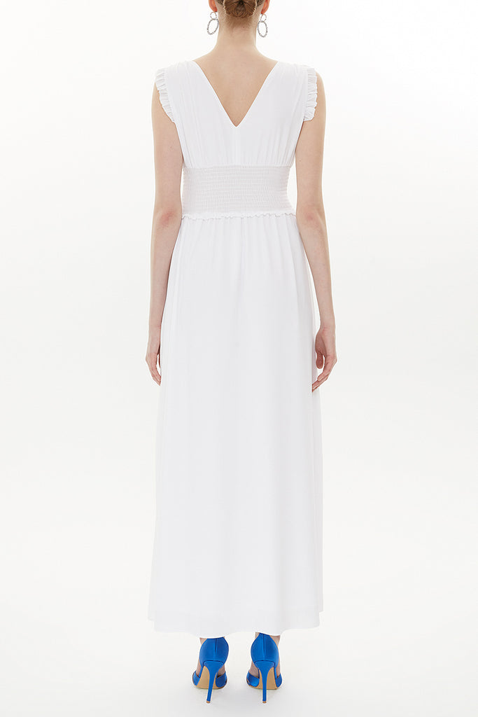 White Elastic waist V neck sleeveless maxi dress 93348