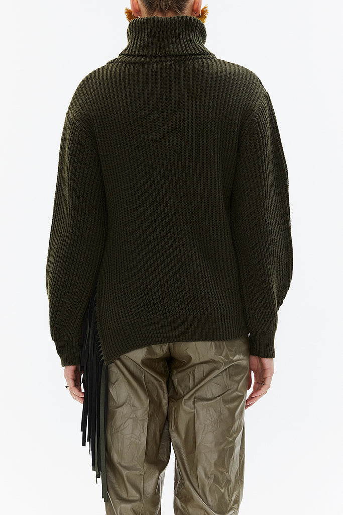 Khaki Turtleneck detail knit sweater with tassels 19816