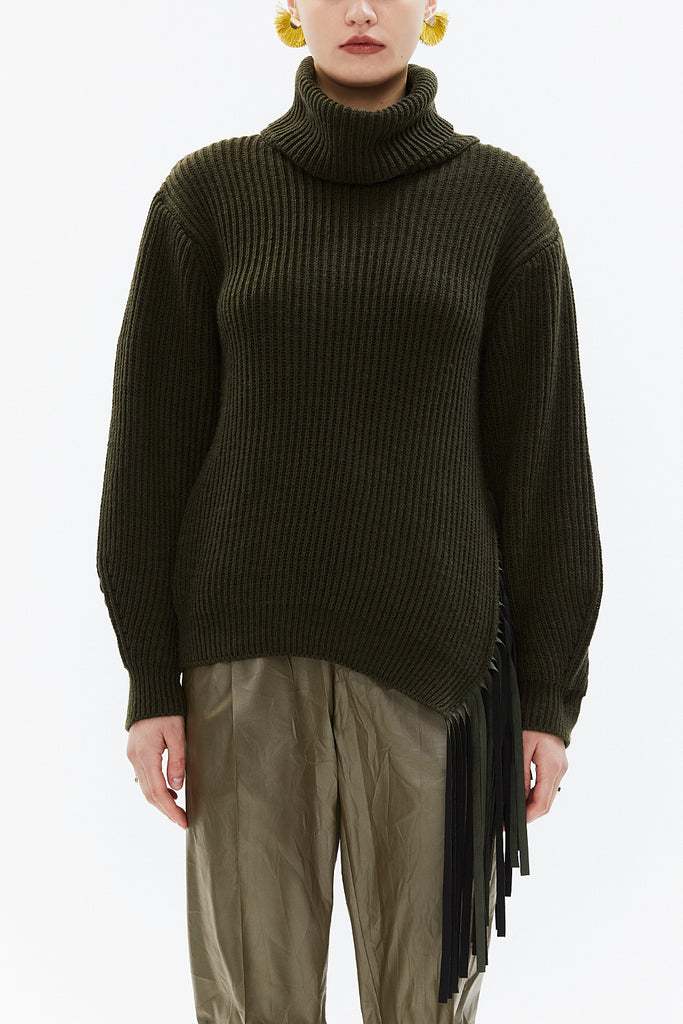 Khaki Turtleneck detail knit sweater with tassels 19816