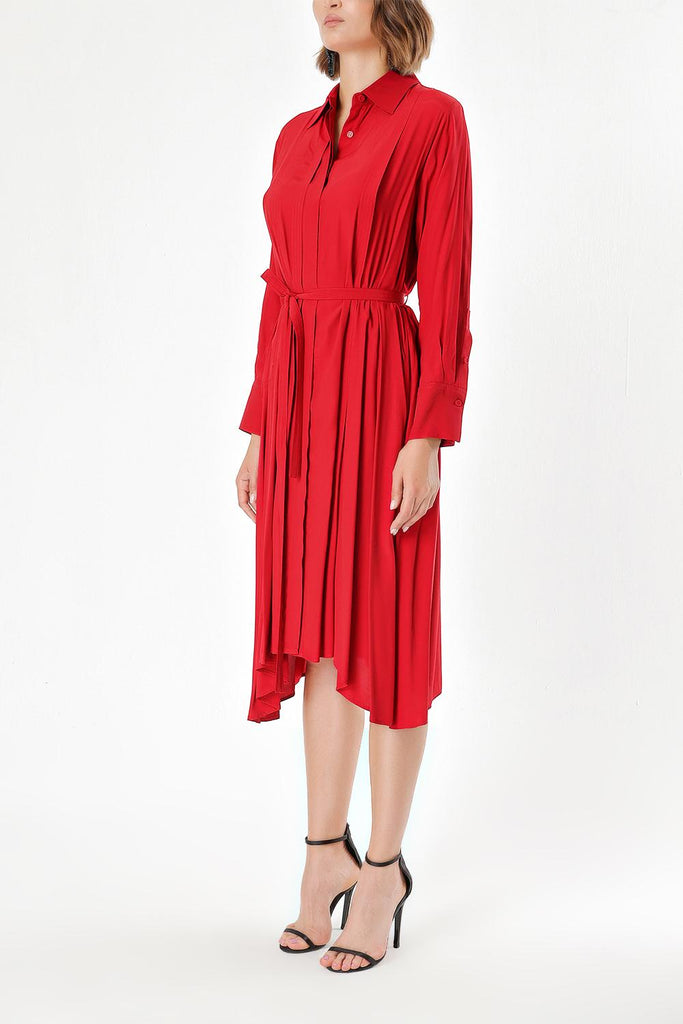 Red Wide cut pleat detail shirt dress 93828
