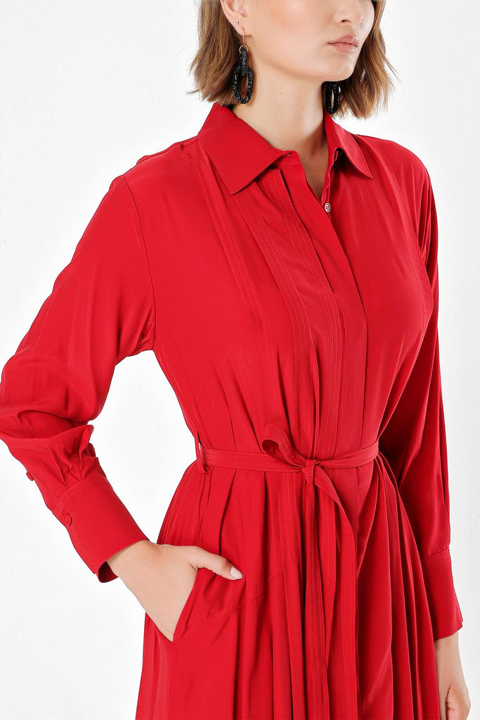 Red Wide cut pleat detail shirt dress 93828