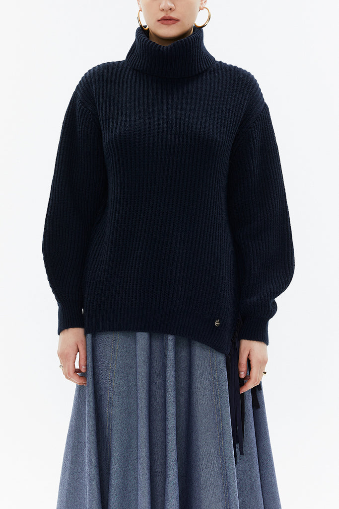 Navy Blue Turtleneck detail knit sweater with tassels 19816