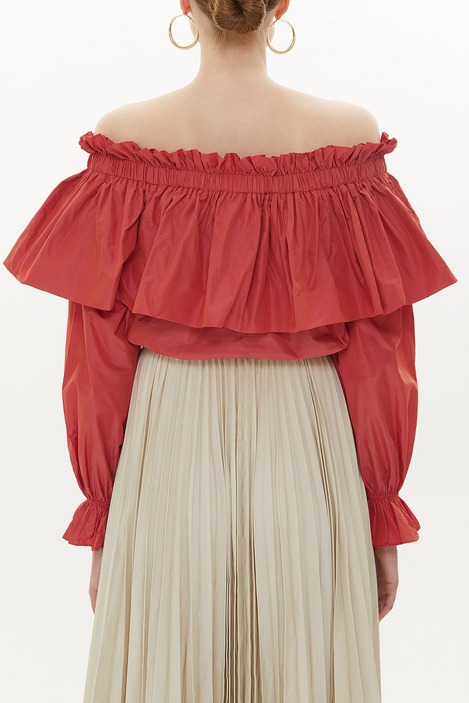 Red Shoulder  elastic  balloon sleeve  crop blouse   19821