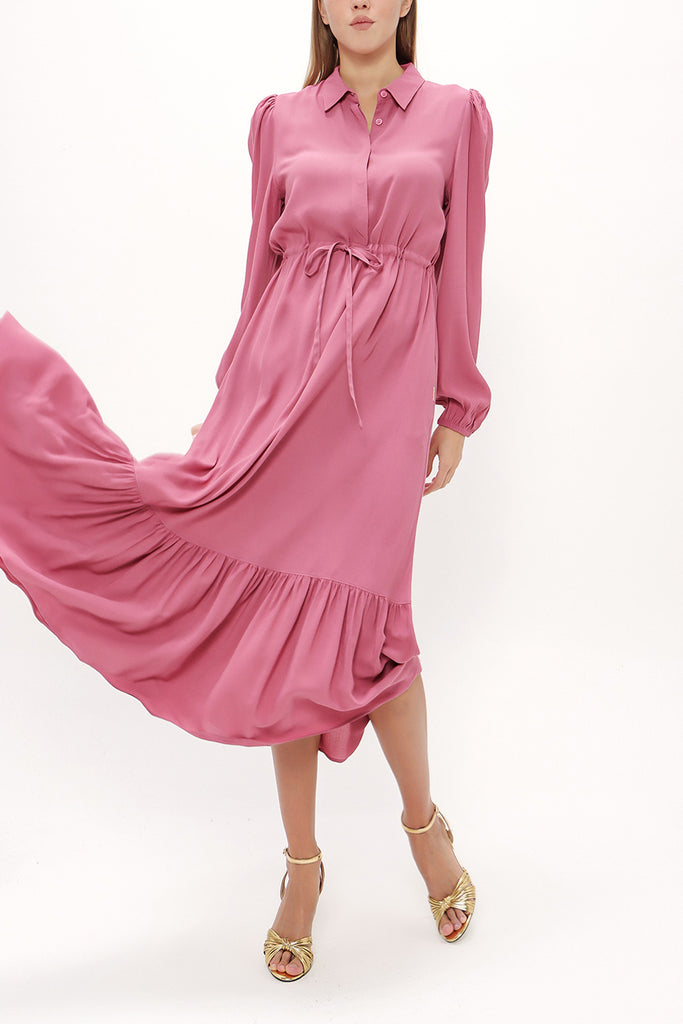 Dark Pink Pleated belt detail midi dress 93323