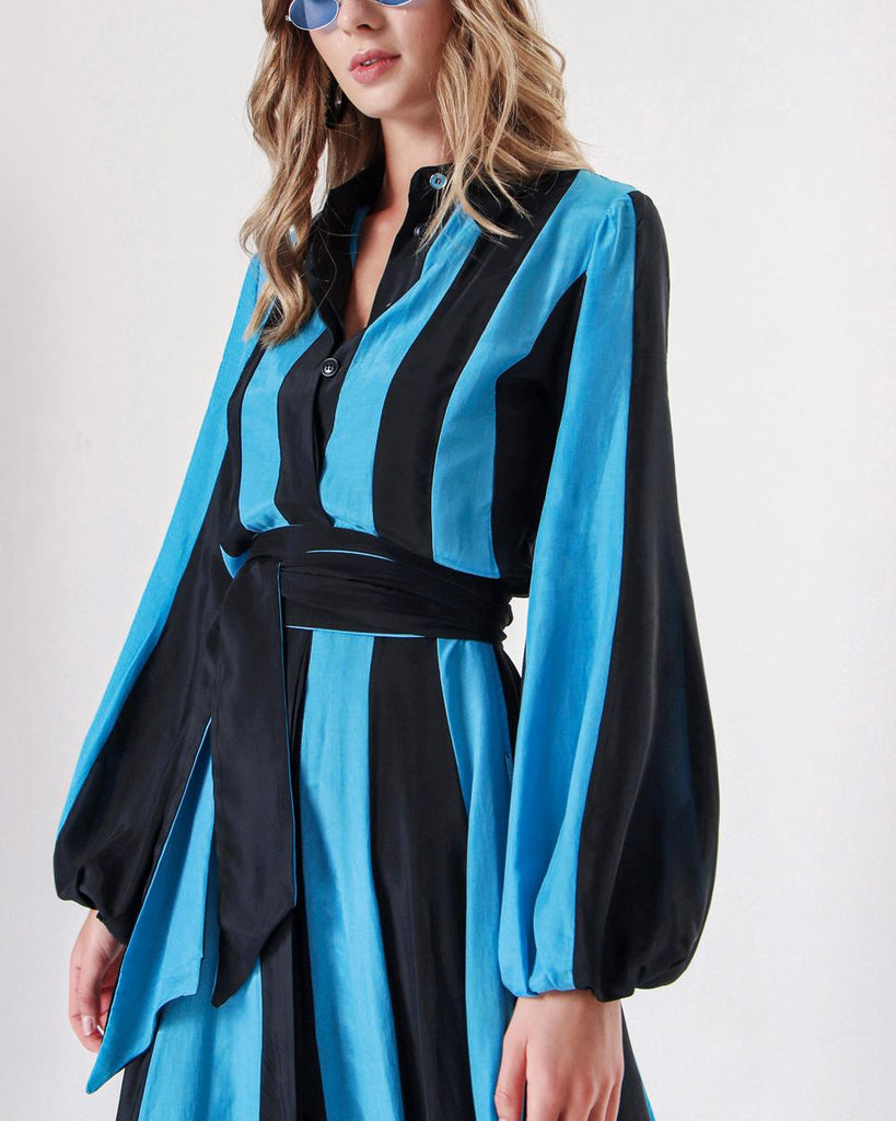 Siyah Mavi Kontrast Renkli Gömlek Elbise 94232